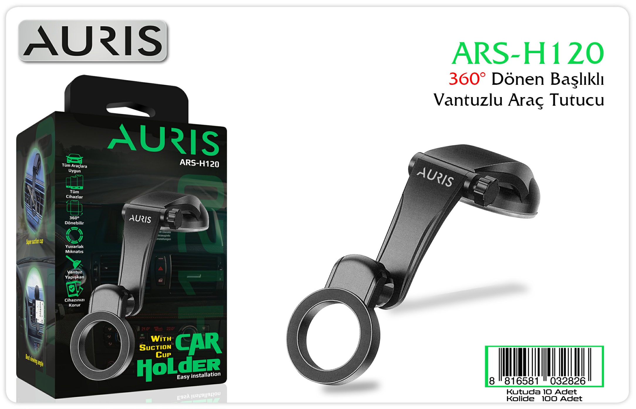 Auris ARS-H120 360° Dönen Başlıklı Vantuzlu Araç Telefon Tutucu